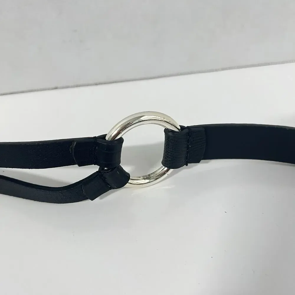 Chico's Genuine Leather Statement Belt Women Medium Black Boho Retro Ring Buckle